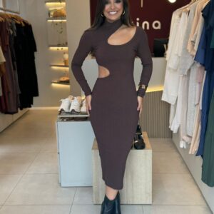 Vestido Canelado Manga – Marrom