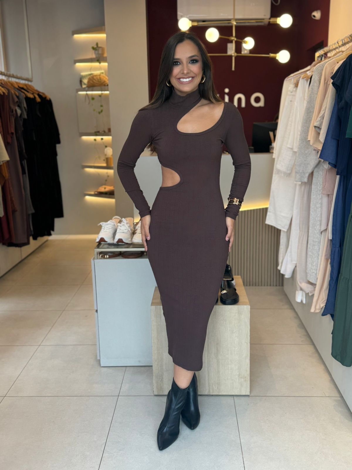 Vestido Canelado Manga – Marrom