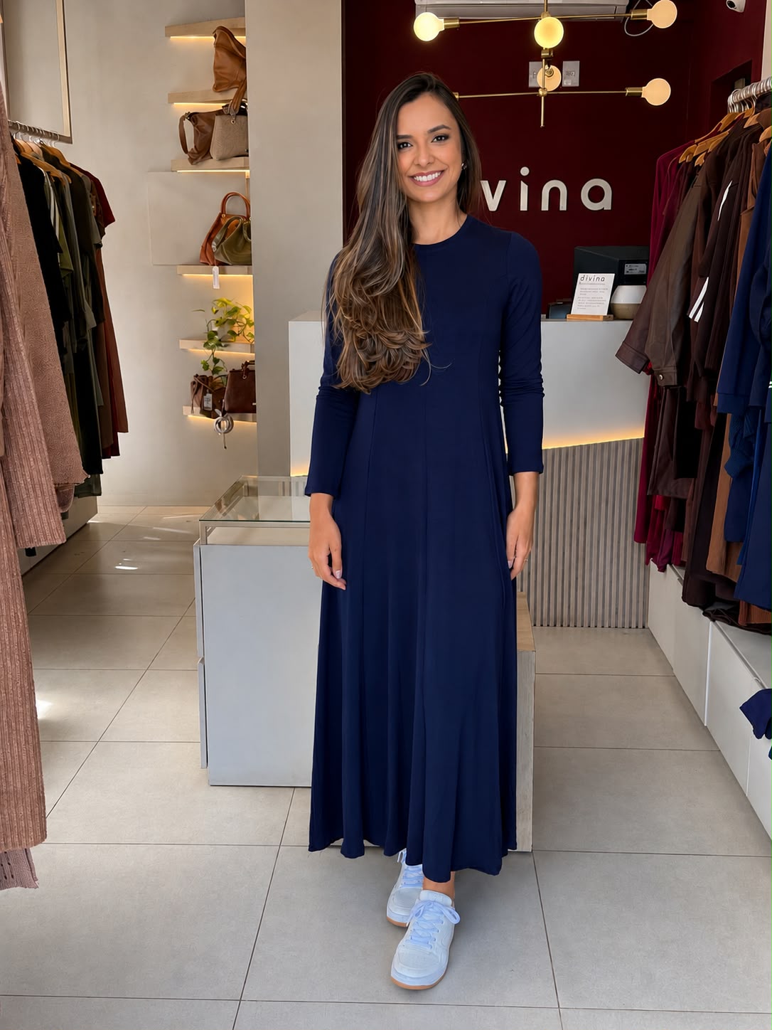 Vestido Bia manga longa - Azul Marinho
