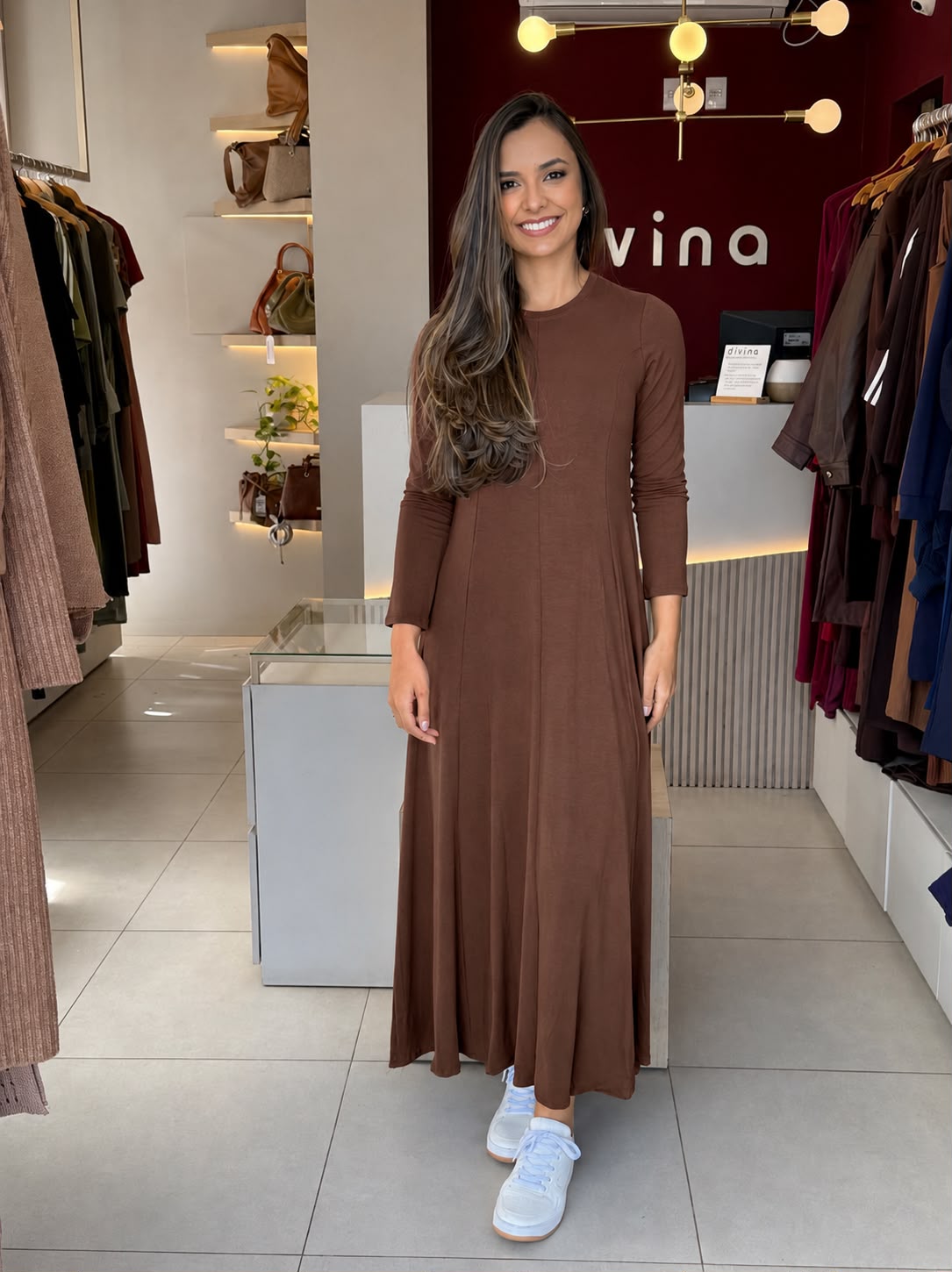 Vestido Bia manga longa - Marrom