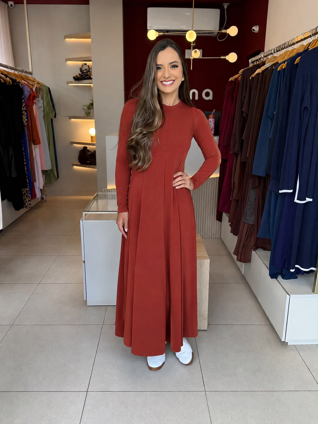 Vestido Bia manga longa – Canela